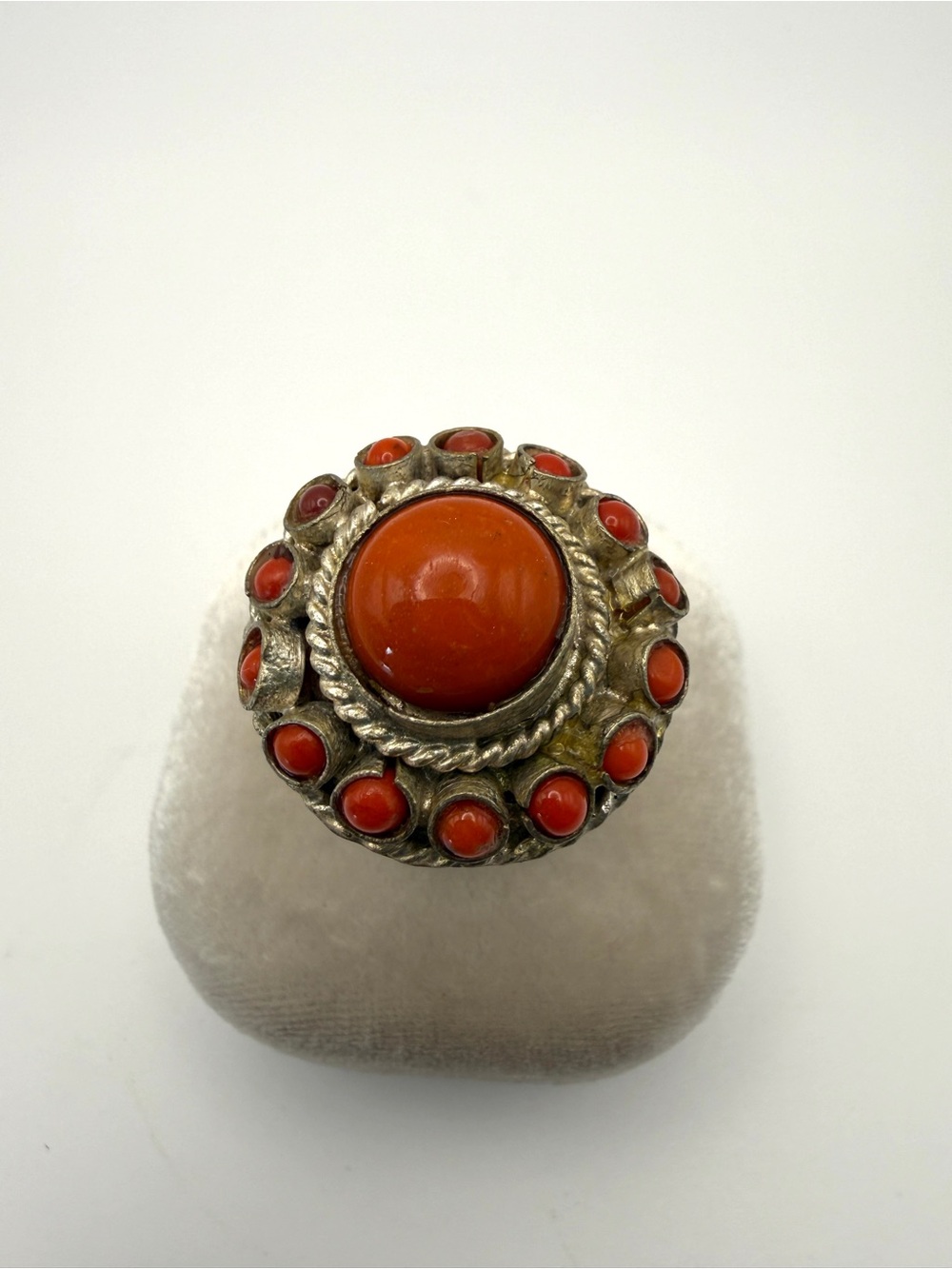 Antique Adjustable Silver Coral Cluster Statement Ring